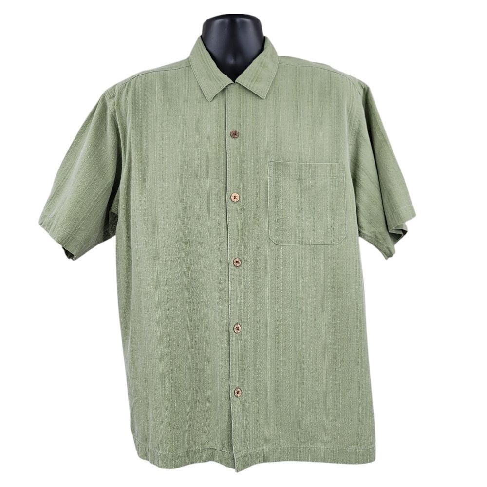 Islander Silk Patterned Green Short Sleeve Button Down Camp Collar Shirt